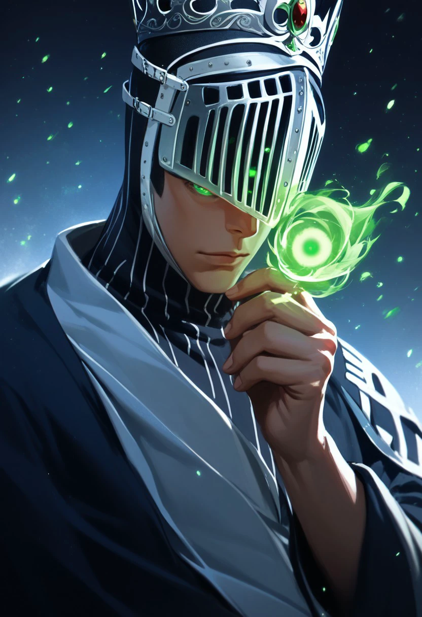 score_9, score_8_up, score_7_up, source_anime, rating_safe, holding jewelry, BickslowFT, green Bickslow eyes, glowing, grey Bickslow helmet, 1boy, male focus, crown, royal robe, king of emerald, portrait, gradient particles, hands with five fingers, realistic shading,