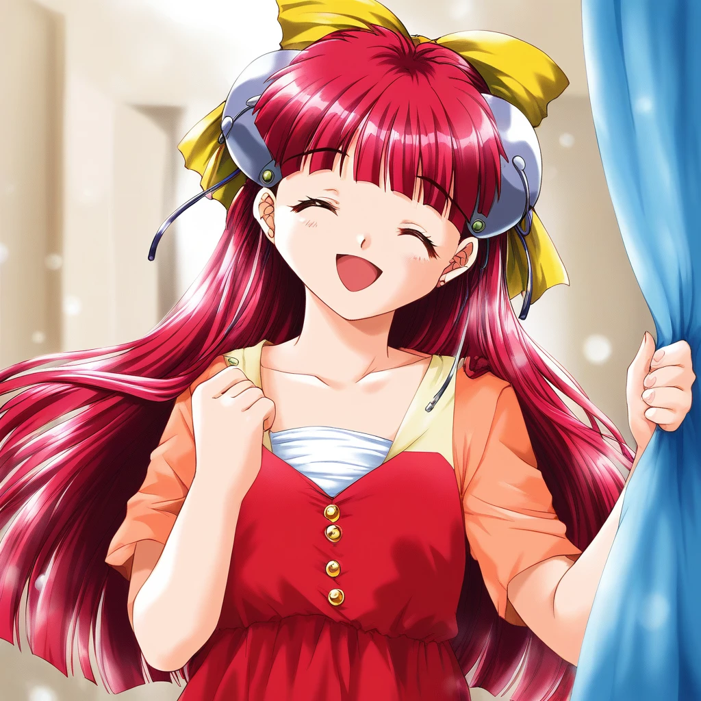 score_9, score_8_up, score_7_up, source_anime, rating_explicit, BREAK  <lora:Nanako_RISE_XL:1>ãNanako_RISE, long hair, red hair, closed eyes,  bangs,  hair bow, headgear, yellow bow,
 1girl, solo, closed eyes, smile, open mouth
room, curtain,