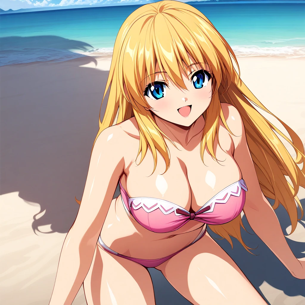 (masterpiece),(best quality),(ultra-detailed),(best illustration),(best shadow),(absurdres),(detailed background),(very aesthetic), rosette_christopher, 1girl, swimsuit, solo, bikini, long hair, blue eyes, pink bikini, breasts, large breasts, cleavage, blonde hair, , bandeau, strapless, open mouth, smile, blonde hair <lora:Rosette_Christopher:1>