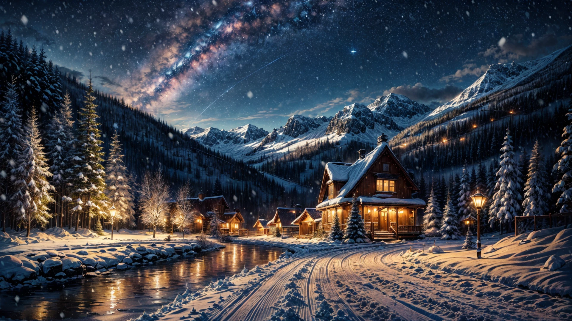 anime artwork snow, snowing, forest, lake, night, stars, anime, no humans, no buildings, nature, wilderness, scenery, <lora:snowbound_1:0.7>, snowbound, very detailed, <lora:more_details:0.6>, high quality, highres, masterpiece, best quality, 8k, intricate, detailed, <lora:add_detail:0.6> . anime style, key visual, vibrant, studio anime,  highly detailed