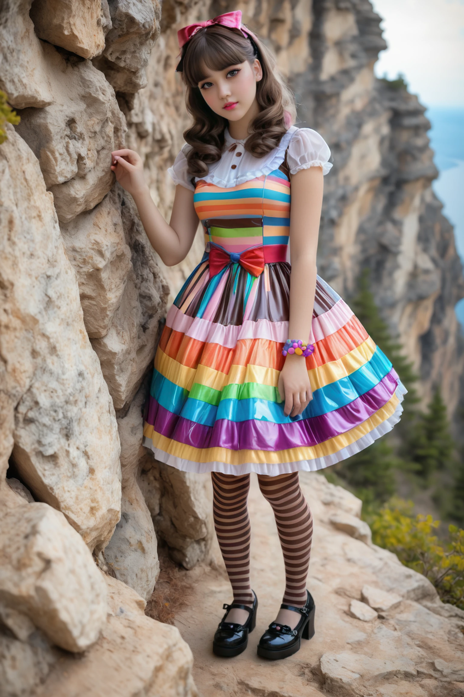 (full body photograph) of young woman, wearing an over the top candy and chocolate themed sweetegl dress, striped tights, candy themed mary jane heels, highly detailed, (rock climbing a cliff) <lora:sweetlolitaxlv5:0.8>