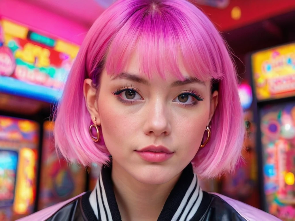 A headshot photo of a female with bubblegum pink hair styled in a sleek bob, wearing a holographic bomber jacket, against a background of colorful arcade tokens and game screens.