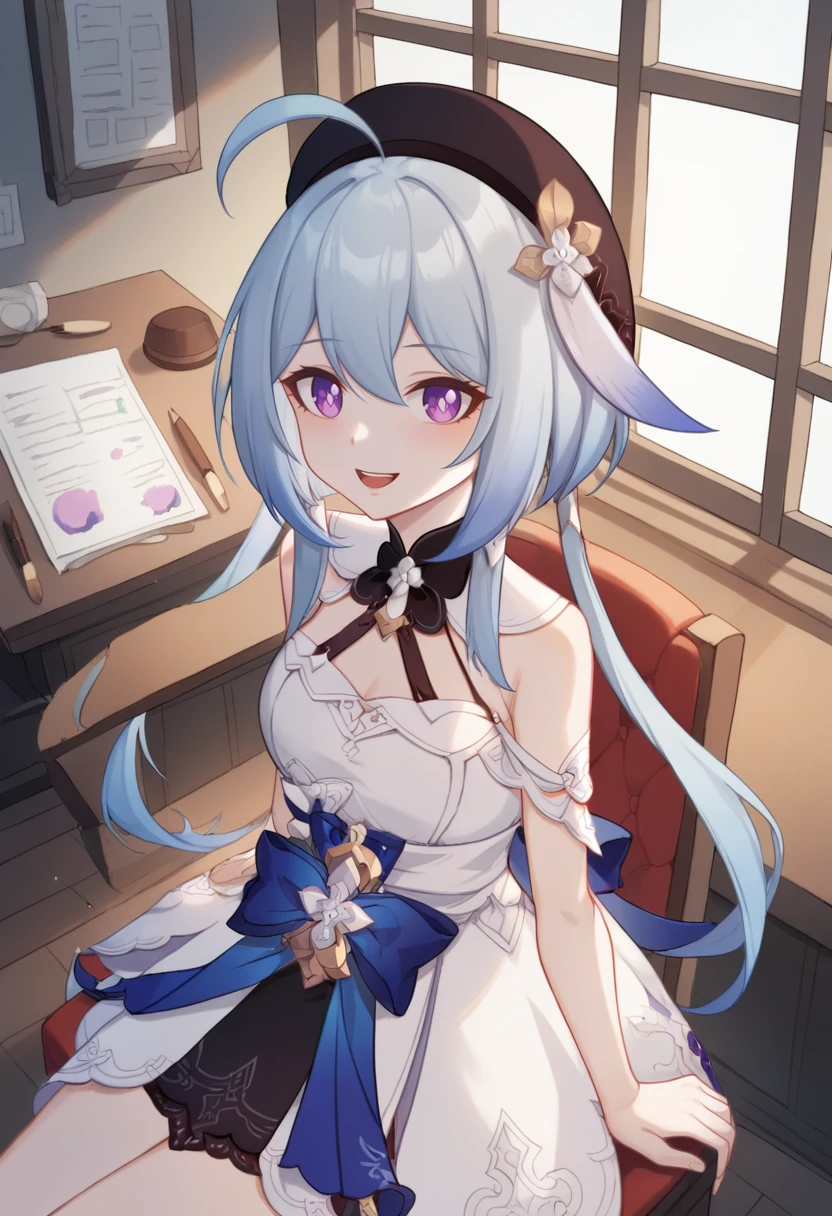 (score_9,score_8_up,score_7_up,),uncensored,
<lora:Honkai_YG_pony:1>,Honkai_YG,1girl,purple eyes,solo,dress,purple eyes,white dress,ahoge,beret,long hair,hat,bangs,looking at viewer,light blue hair,bare shoulders,black headwear,hair ornament,sleeveless dress,twintails,
cowboy_shot,looking_at_viewer,
sitting,happy,:3,
indoor,studio,sketchpad,paintbrush,pigments,window,chair,from_above,