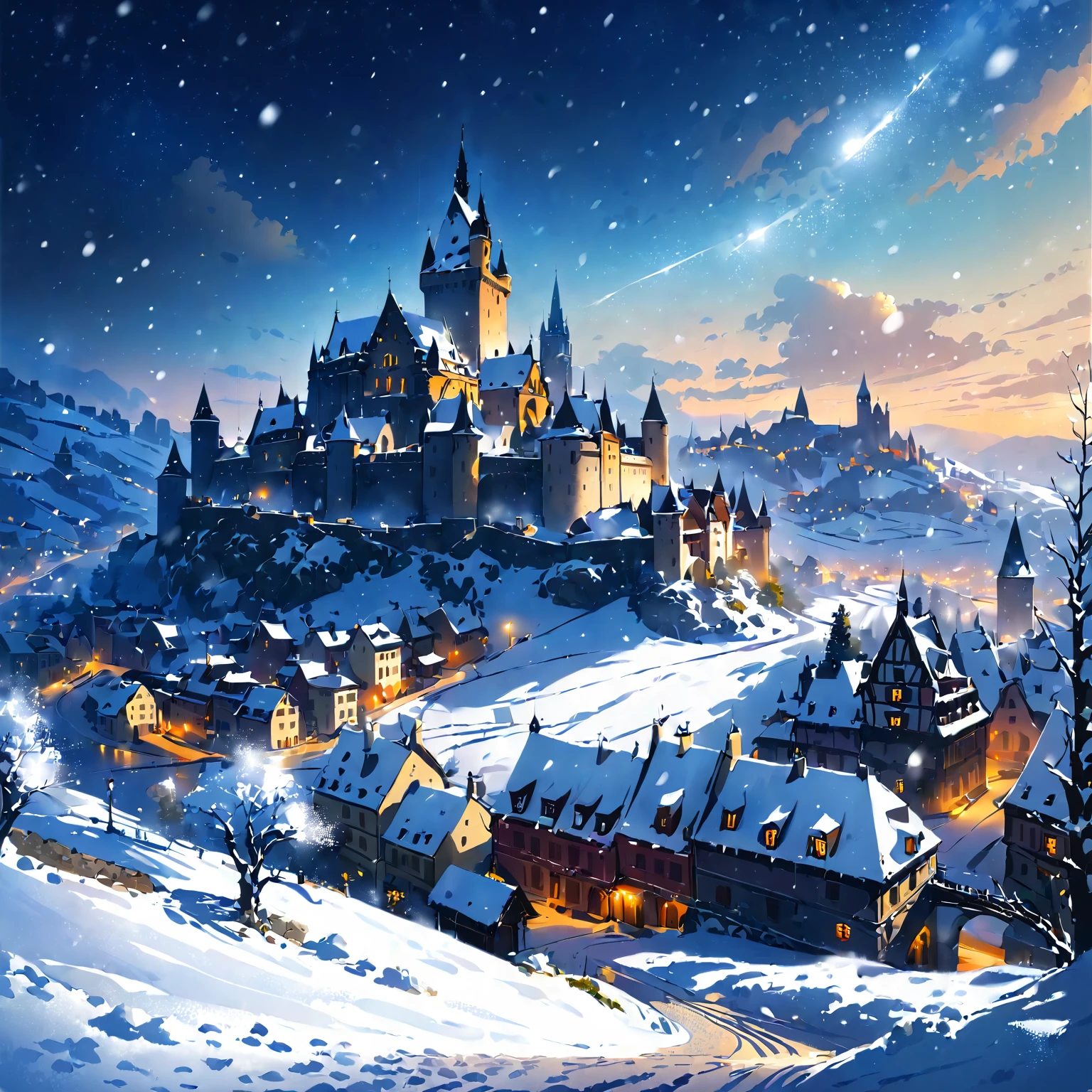 ethereal fantasy concept art of  snow, snowing, medieval city, distant castle, night <lora:Snowbound-SDXL:1>, snowbound, BREAK score_9, score_8_up, score_7_up, best quality, masterpiece, 4k, prefect lighting, very aesthetic, zPDXL2 . magnificent, celestial, ethereal, painterly, epic, majestic, magical, fantasy art, cover art, dreamy