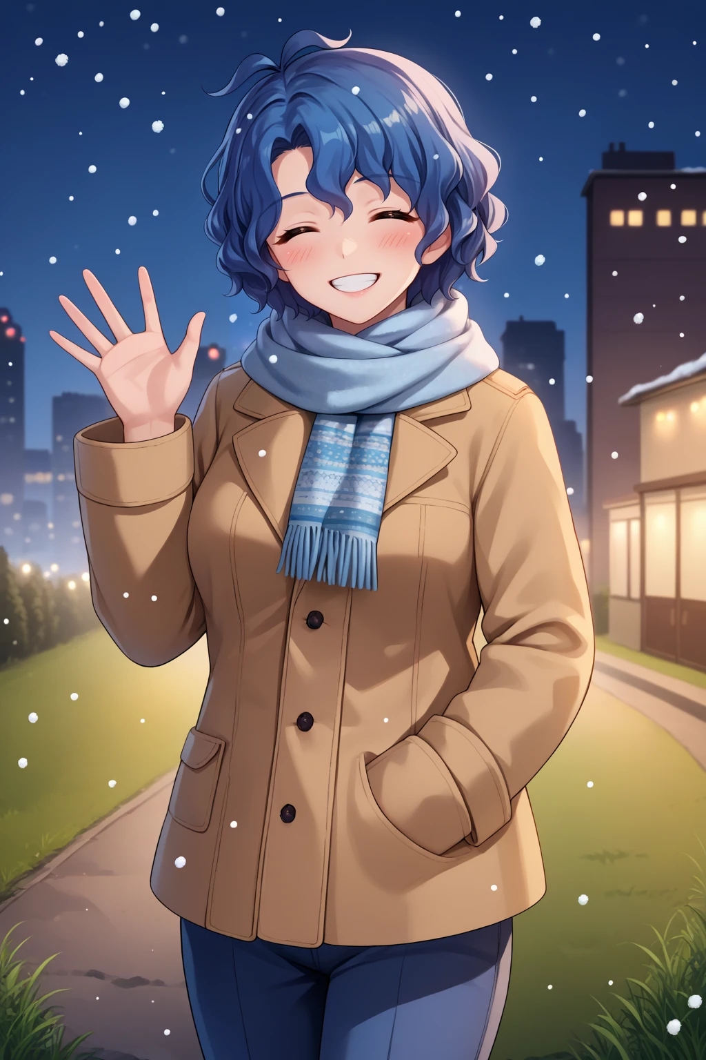 score_9, score_7_up, source_anime, cowboy shot, looking at viewer, smile, teeth, closed eyes, blush, ftk, short hair, antenna hair, wavy hair, blue hair, brown eyes, large breasts, winter clothes, scarf, coat, pants, hand in pocket, waving, outdoors, snowing, night, grass, skyline, <lora:Hoseki_Idolmaster_FukaToyokawa_PDXL_v1:1>