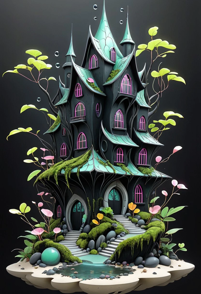 artmdfstff2, alien housing,  concept city black linework, white background, neon's and pastels, fantasy setting, world building, dark fantasy, organic, made of stuff, construct, moss, Leaves, petals, pebbles, water, sand, feathers, twigs