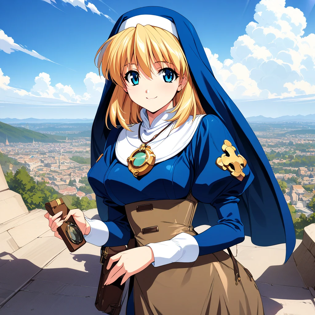 (masterpiece),(best quality),(ultra-detailed),(best illustration),(best shadow),(absurdres),(detailed background),(very aesthetic), rosette_christopher, 1girl, solo, blonde hair, blue eyes, nun, habit, cloud, sky, jewelry, day, long sleeves, necklace, juliet sleeves, pendant watch, holding, puffy sleeves, smile, <lora:Rosette_Christopher:1>