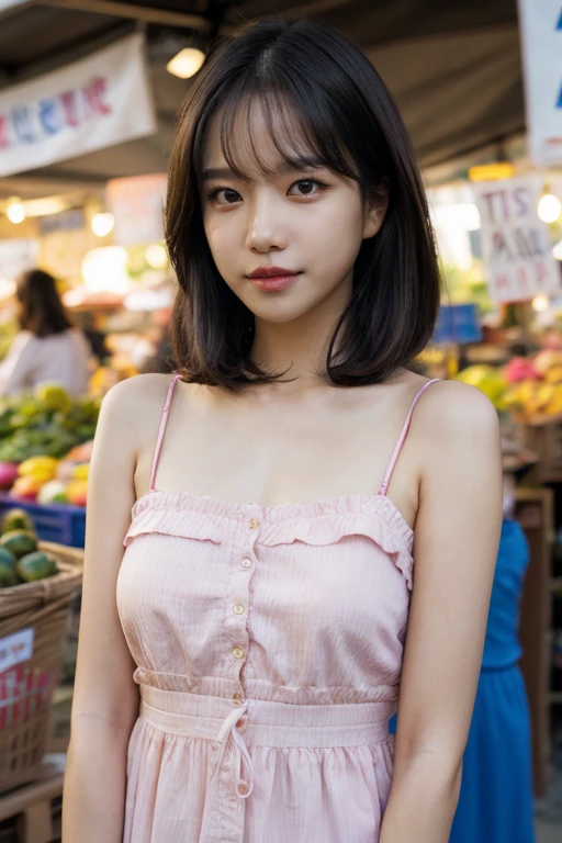 masterpiece, best quality, ultra-detailed, ultra high res, (photorealistic:1.4), raw photo, (realistic:0.2), 8k HDR, realistic lighting, looking at viewer, 1girl, solo, asymmetrical hair, outdoor, (traditional market:1.2), (day), bokeh, (detailed lips), (detailed pores), (detailed skin textures), (detailed face:1.2), (body:1.2), a woman in a sundress, cowboy shot, thigh gap