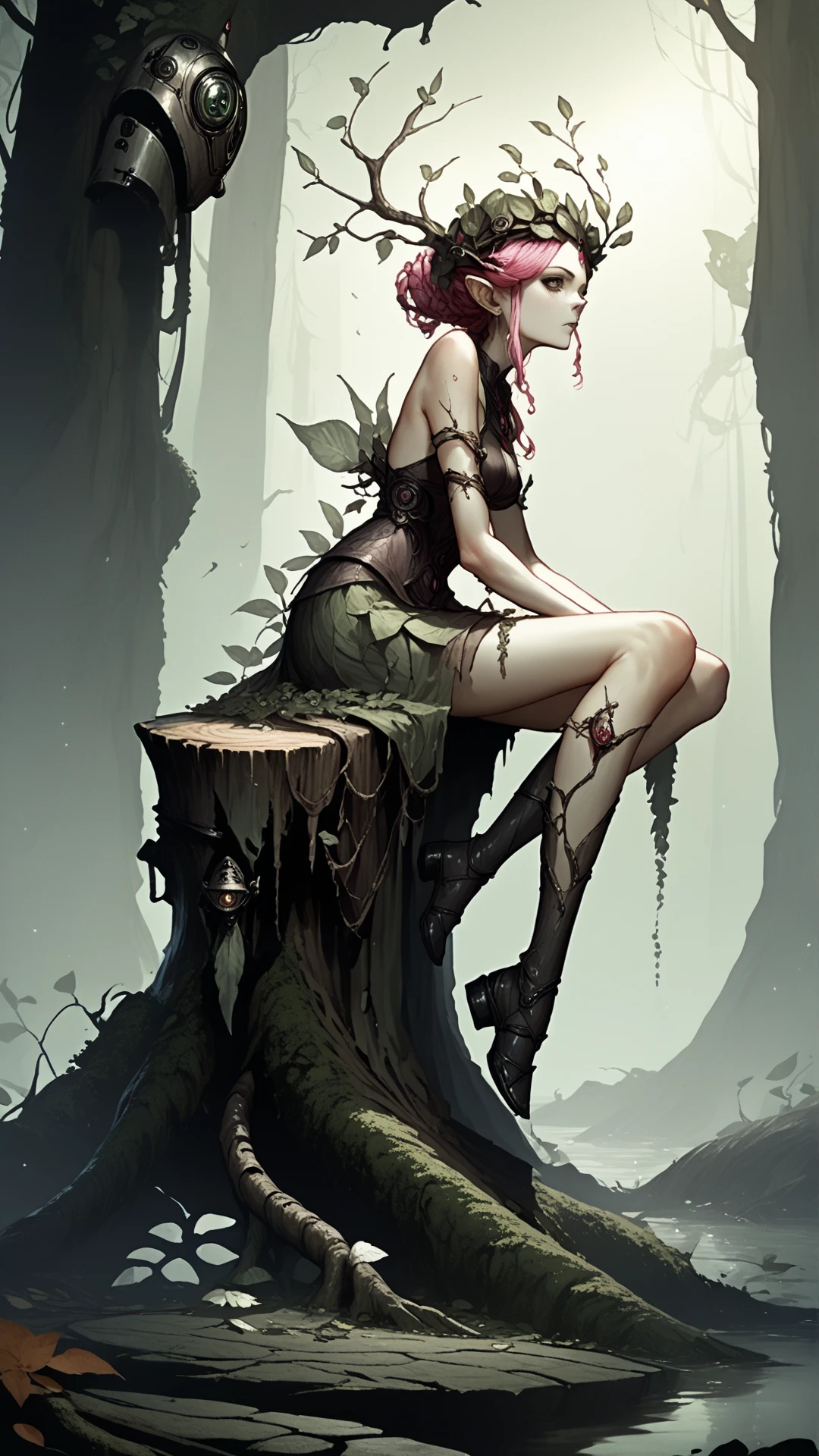 score_9, score_8_up, score_7_up, score_6_up, source_anime<lora:DryadPDXL:0.9> anime style, (Light_pink:0.5) dryad, Rune knight, in location ancient machine, , Sitting on a tree stump, legs dangling, lost in reverie.