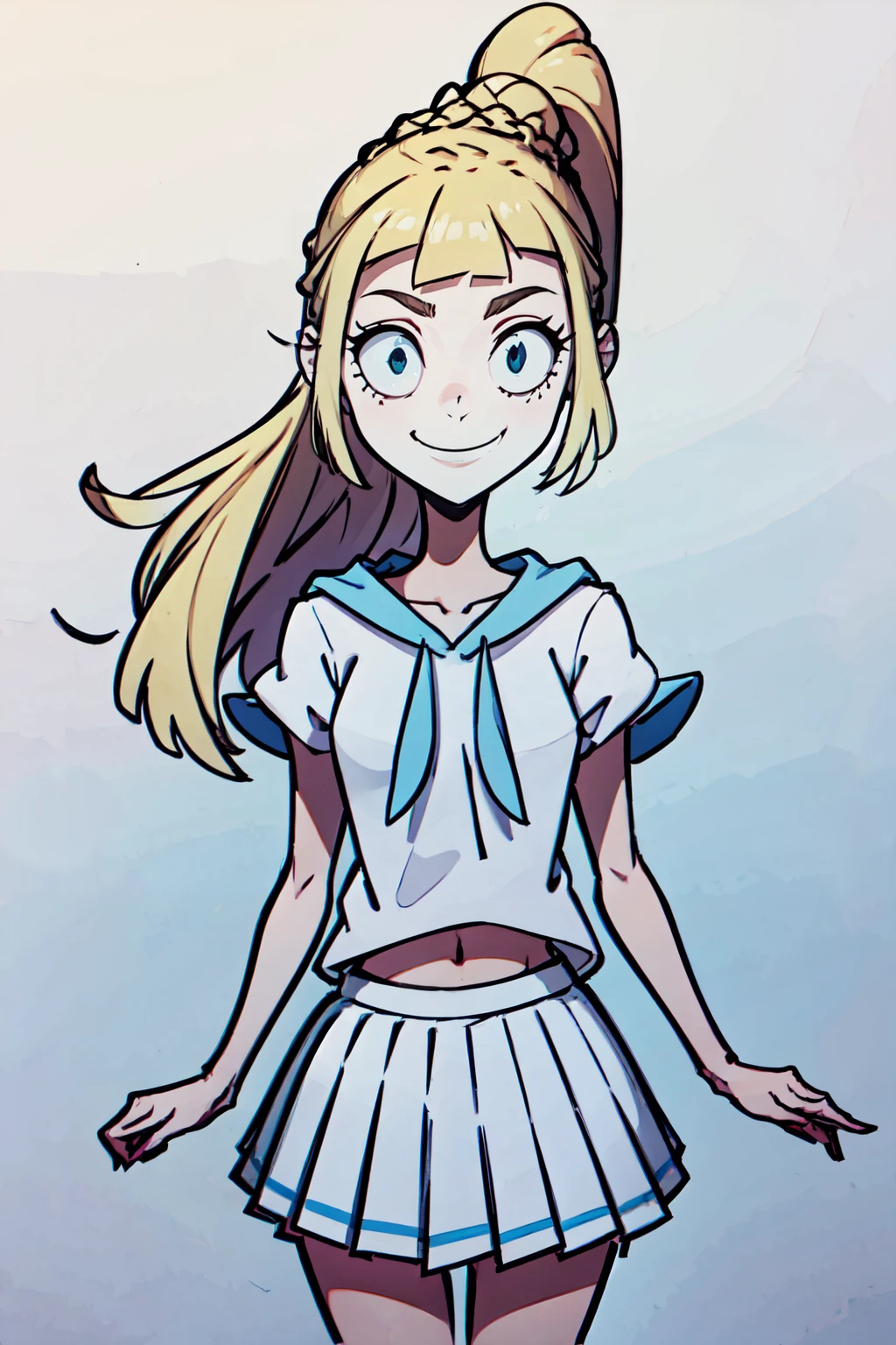 ((masterpiece,best quality)), absurdres, <lora:Creepy_v2:1.0>, BREAK, , BREAK, <lora:LilliePokemon_SD:0.8>, zzlillie, long hair, ponytail, French braid, white shirt, short sleeves, white skirt, pleated skirt,, BREAK, solo, smile, looking at viewer, cowboy shot,
