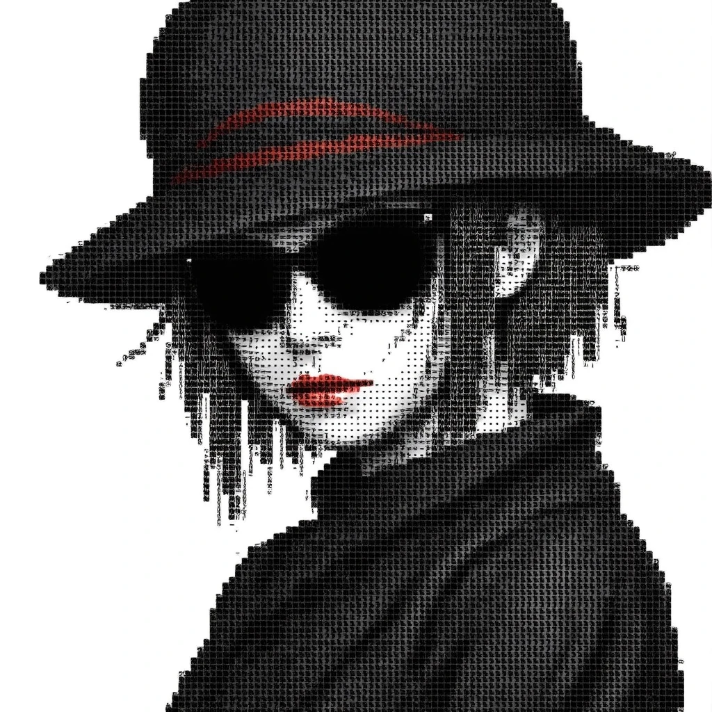 ASCII art on a white background, made of letters, numbers, and other symbols, dithering effect, a futuristic cyberpunk city, portrait of an outlaw girl