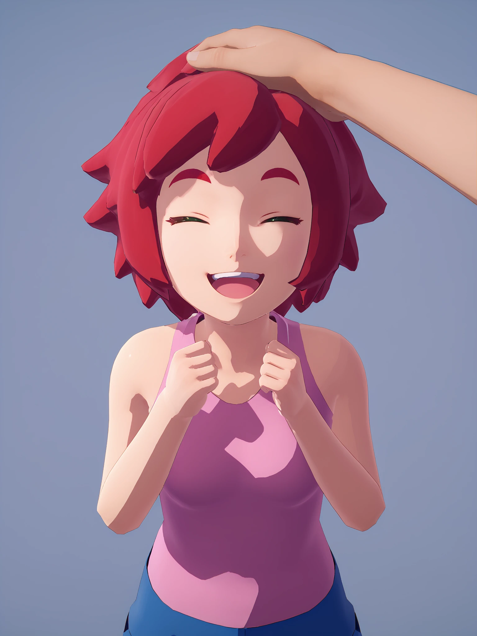 score_9, score_8_up, score_7_up, score_6_up, BREAK, <lora:Mika_TheWitch_PDXLv0:0.6> mika, 3d, 1girl, solo, glossy skin, red hair, green eyes, pink shirt, blue shorts, sleeveless, <lora:Headpat_XLPD:1> headpat, pov hands, upper body, closed eyes, happy, smile, open mouth