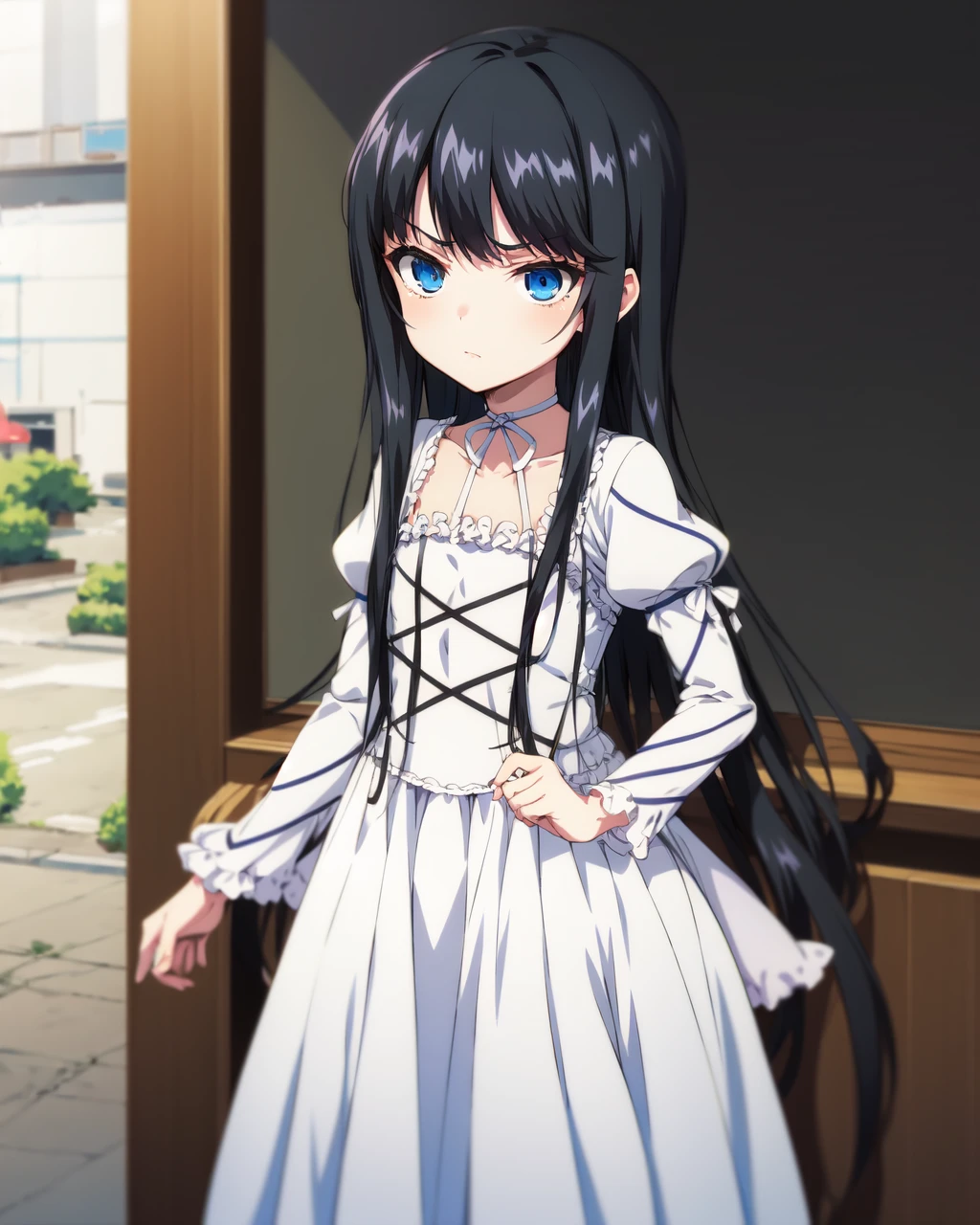 city, BREAK
natsuki_minamiya,1girl,solo,long hair,blue eyes,black hair,very long hair,
choker,puffy sleeves,white dress,white ribbon,neck ribbon,long sleeves,dress,ribbon,juliet sleeves,ribbon choker,
standing,serious,<lora:Natsuki_Minamiya(Strike The Blood)>,