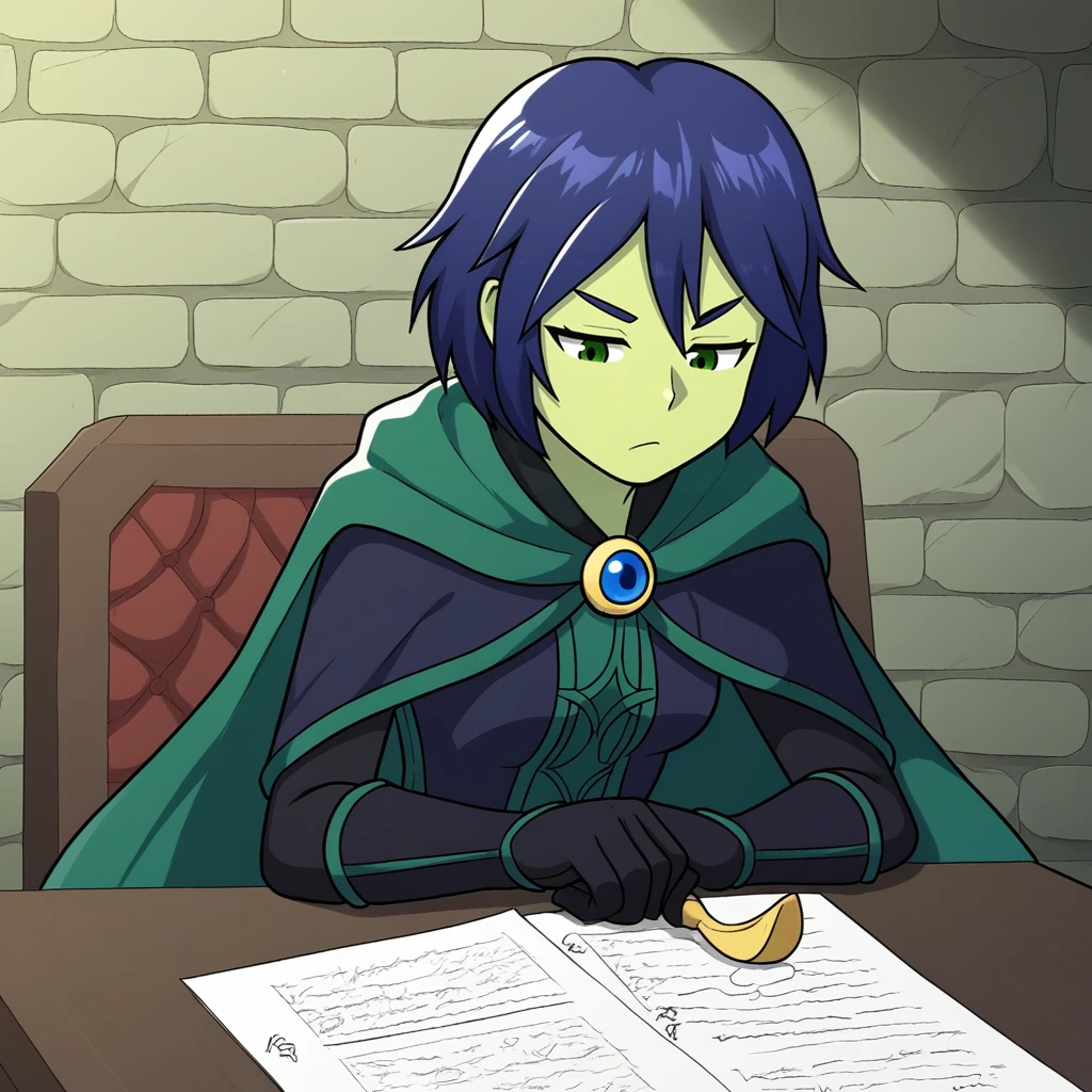 score_9, score_8_up, score_7_up, score_6_up, score_5_up, score_4_up, zPDXL2,source_anime,rating_questionable, 1girl,  sitting at desk, bored, holding quill, indoors, stone walls, dark, dungeon,  <lora:Mona_-_Shovel_Knight:0.8> mona_shovelknight, green skin, short hair, blue hair, green eyes, cape, black gloves, black dress