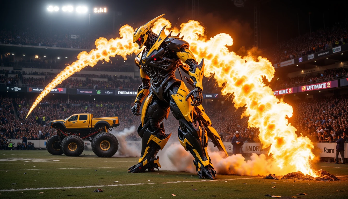 electaln performing during the super bowl halftime show. They're using their electrified tail to smash monster trucks causing massive explosions and roars from the large crowd. grass is alight with flames.  <lora:Electric Alien - Flux LoRA - Trigger is electaln:1>