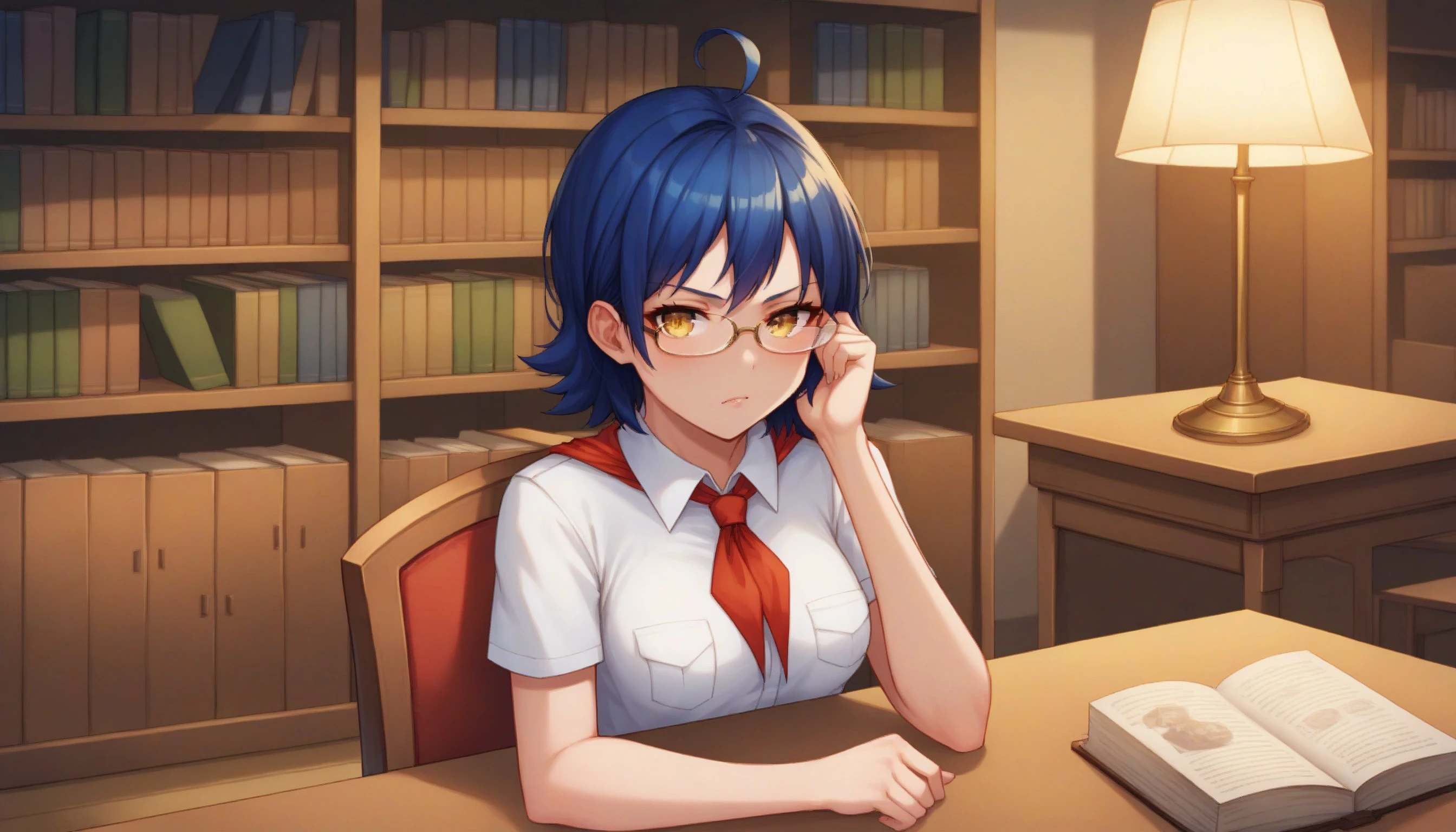 (masterpiece), best quality, expressive eyes, perfect face, score_9, score_8_up, score_7_up, source_anime, 1girl, solo, BREAK, zhenya, blue hair, short hair, ahoge, yellow eyes, glasses, medium breasts, serious, smooth body, shiny skin, BREAK, white shirt, collared shirt, short sleeves, breast pockets, red neckerchief, sitting, on chair, behind table, laying head on table, pose, BREAK, library, bookshelves, shelving, posters, tables, chairs, table lamps, BREAK, colorful, vibrant colors, detailed face, stunning, highly detailed, 8k, intricate, cinematic, dehazed, atmospheric, highres, best quality, detailed eyes, cowboy shot,, <lora:0cc20795-76c3-4be0-879f-b27991b21303:0.7>