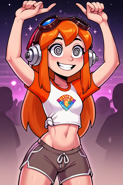 2D, score_9, score_8_up, score_7_up, BREAK, 1girl, solo, VacationMeggy, Orange Hair, Black Eyes, White Shirt, Orange Sleeves, Croptop, Shorts, headphones, red beanie, goggles, disco, dancing, hypnosis, spiral eyes<lora:EMS-457658-EMS:0.800000>