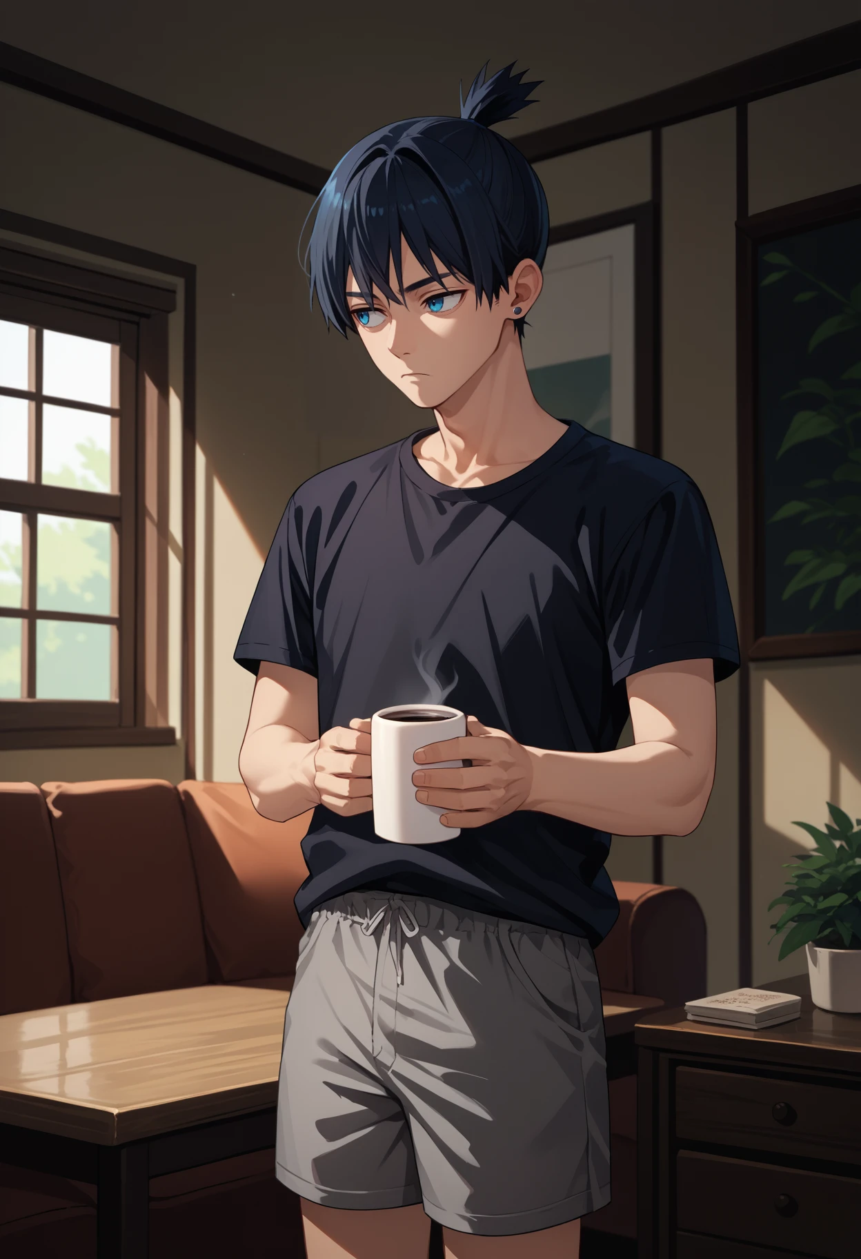 score_9, score_8_up, score_7_up, source_anime, solo, male focus, 1boy, hayakawa aki, expressionless, looking away, standing, holding coffee mug, black hair, topknot, blue eyes, short sleeves, black shirt, grey shorts, stud earrings, indoors, living room
<segment:yolo-face_yolov8m.pt,0.4,0.5>