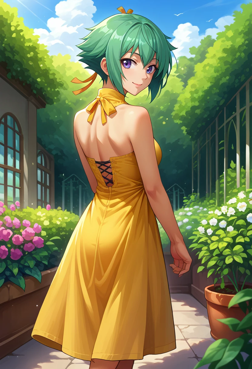 score_9, score_8_up, source_anime, 1girl, solo, ZessicaWong, short hair, hair ribbon, from behind, yellow sundress, garden, day, sunshine, smile, looking back, <lora:ChamZessicaWongPonyXL:1>