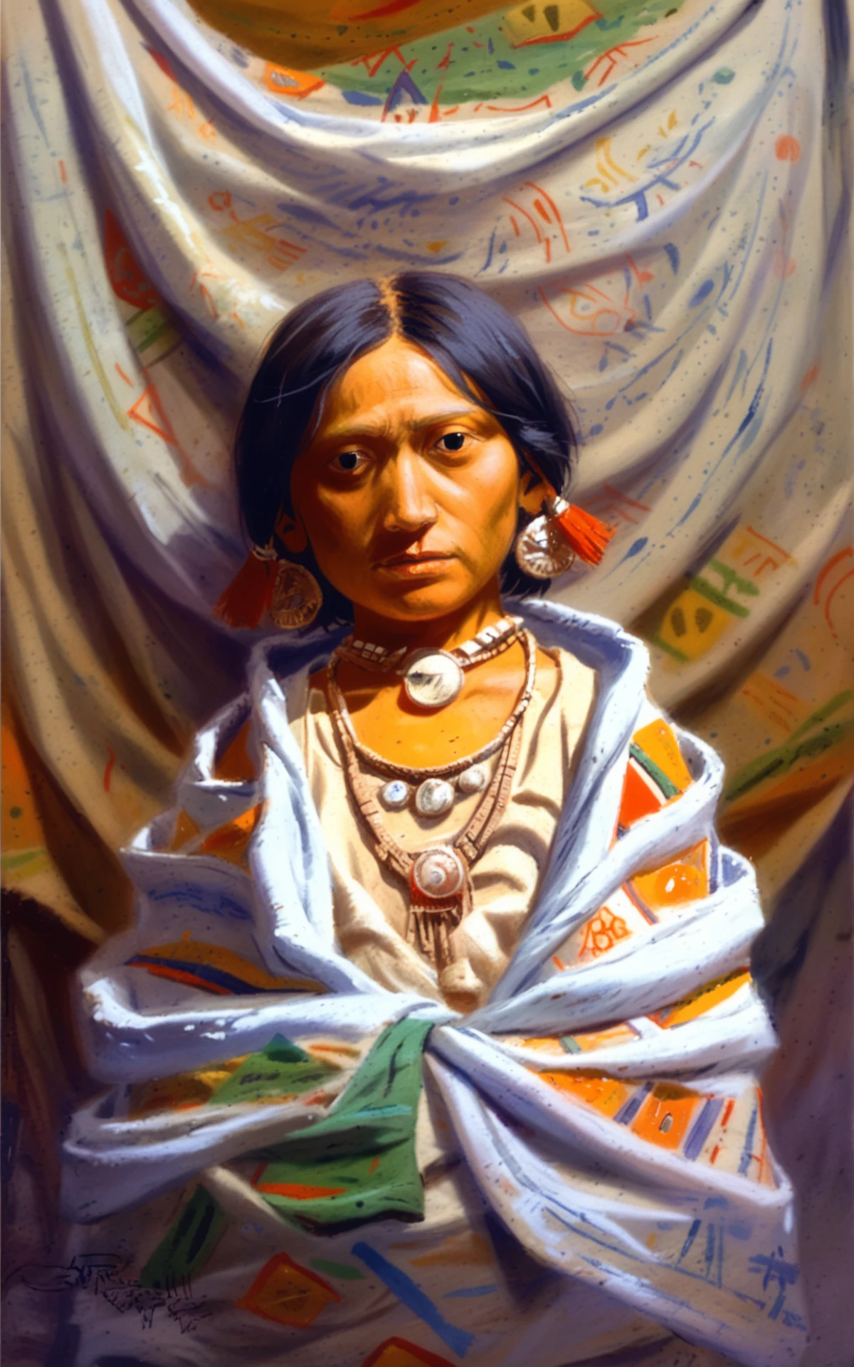 <lora:charles-marion-russel_pony_v6:1> 'American Old West' by russell charles marion in 1902, portrait \(genre\), romanticism \(style\)  painting \(medium\) Portrait of Sha-kó-ka, a young Mandan girl,  1girl necklace on her chest , wearing a white shirt and a feathered shawl,, score_9, score_6_up, score_7_up