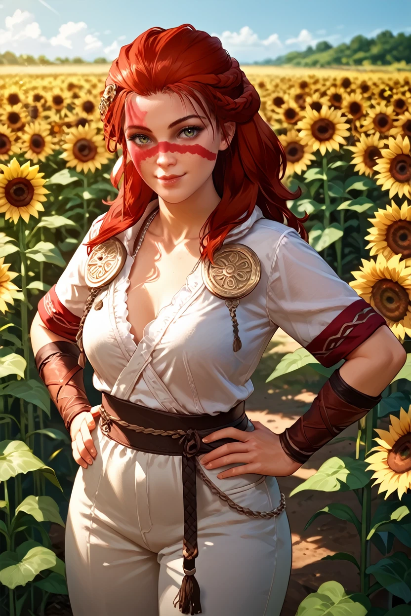 score_9, score_8_up, score_7_up, score_6_up
<lora:ACVCiara:0.8>
ACVCiara, 1girl, red hair, long hair, face paint, hair ornament, looking at viewer, surrounded by sunflowers in a bright field, smiling, with hands on hips