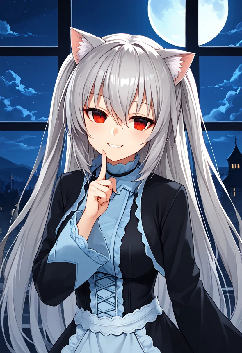 1girl, solo, NoraCat0, red eyes, cat ears, hair between eyes, long sleeves, bangs, two side up, animal ear fluff, very long hair, white hair, grey hair,
dress, black dress, wide sleeves, frills, sleeves past wrists, black jacket,
evil smile,
index finger raised, finger to mouth, shushing,
night, cloudy, window, full moon, moonlight, backlighting,