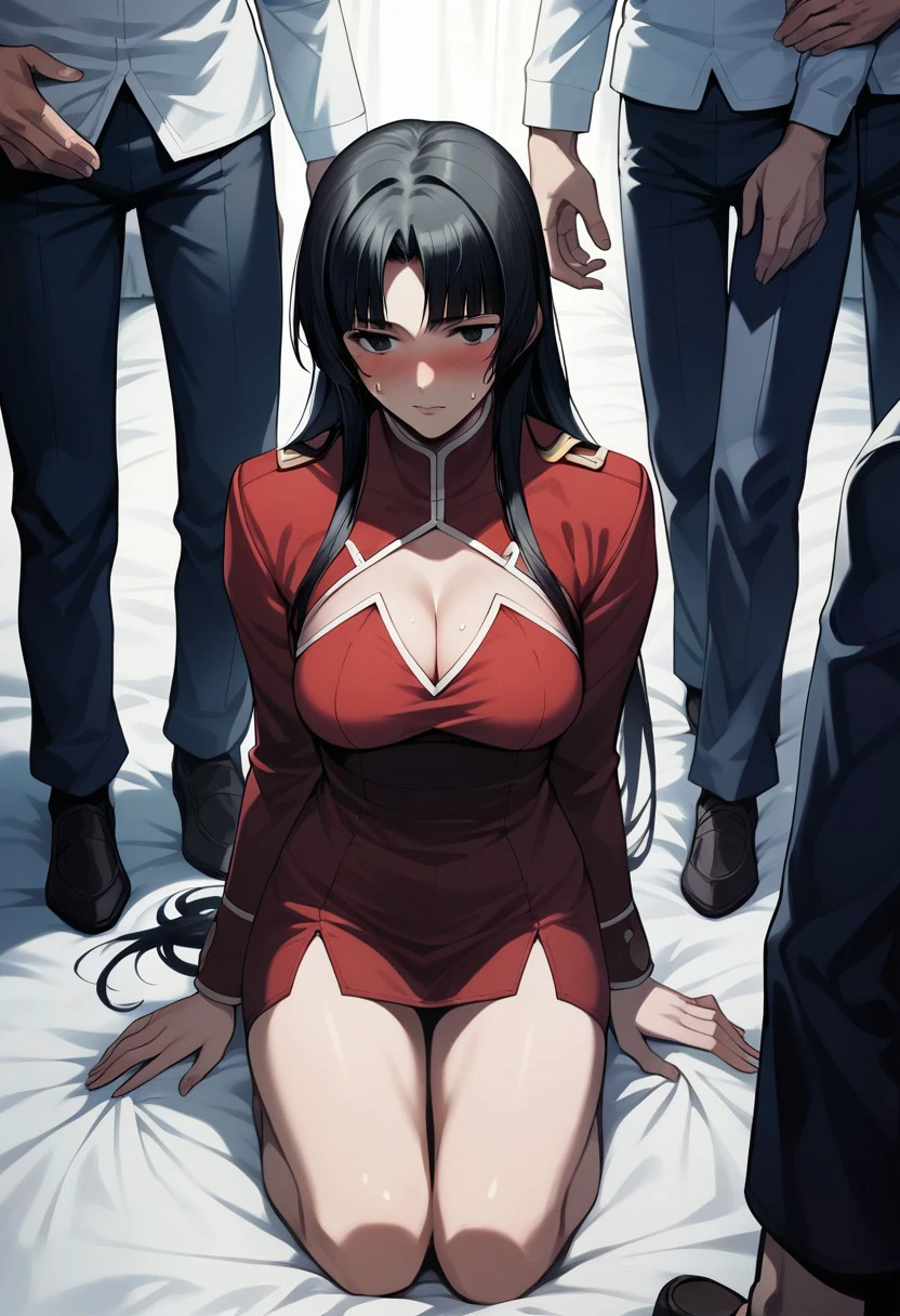 score_9_up, score_8_up, score_7_up, extreamly detailed, beautiful detailed face, complex detailed background, completely clothes, BREAK, 
WANG LIU MEI, 1girl, long hair, breasts, blush, black hair, long sleeves, dress, sitting, multiple boys, sweatdrop, uniform, clothing cutout, kneeling, bed, cleavage cutout