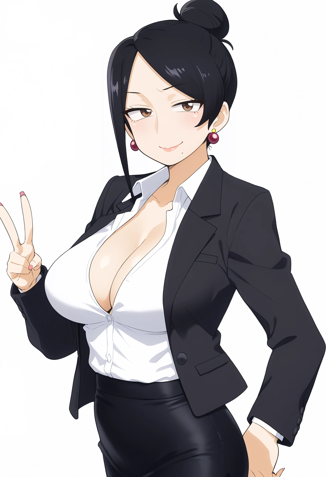 score_9, score_8_up, score_7_up, anime screencap, BREAK
1girl, takizawa, brown eyes, black hair, single hair bun, mole under mouth,
large breasts, cleavage, earrings, mature female, 
formal, black jacket, white shirt, pantyhose, pencil skirt,
solo, v,
smile, looking at viewer, simple background, white background    <lora:TakizawaXL:1>