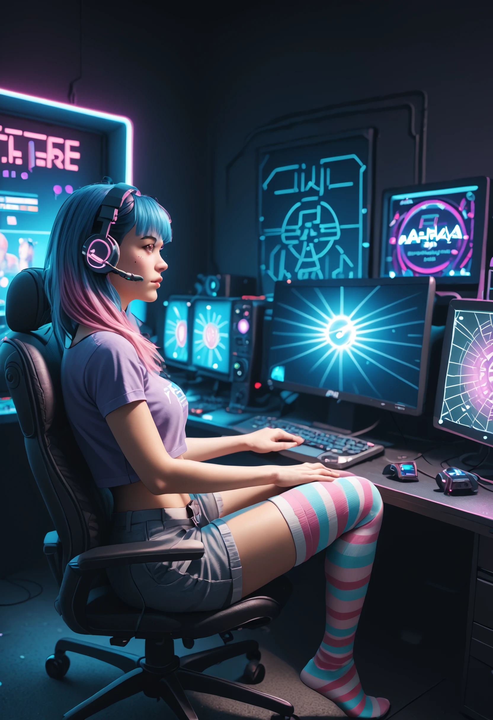 1girl, male focus, genderless, transgender, voluptuous, brown eyes, two tone hair, pink hair, blue hair, long hair, stubble, shorts, crop top, striped stockings, thighhighs, computer chair, legs up, sitting, gaming rig, computer desk, gaming headset, LCD monitor, bedroom theme, indoors, neon lighting, vaporwave, synthwave, neon, retro, (fantasy), (lens flare, light leak, prismastic), Unreal Engine 5, (side-lighting), (cyberpunk), dynamic angle, cinematic photography, neon outlights, dark background, wide shot, ultrasharp, desktop wallpaper, octane render, futuristic, neon theme, , DynaPortrait_PDXL BREAK PonyXLV6_Scores