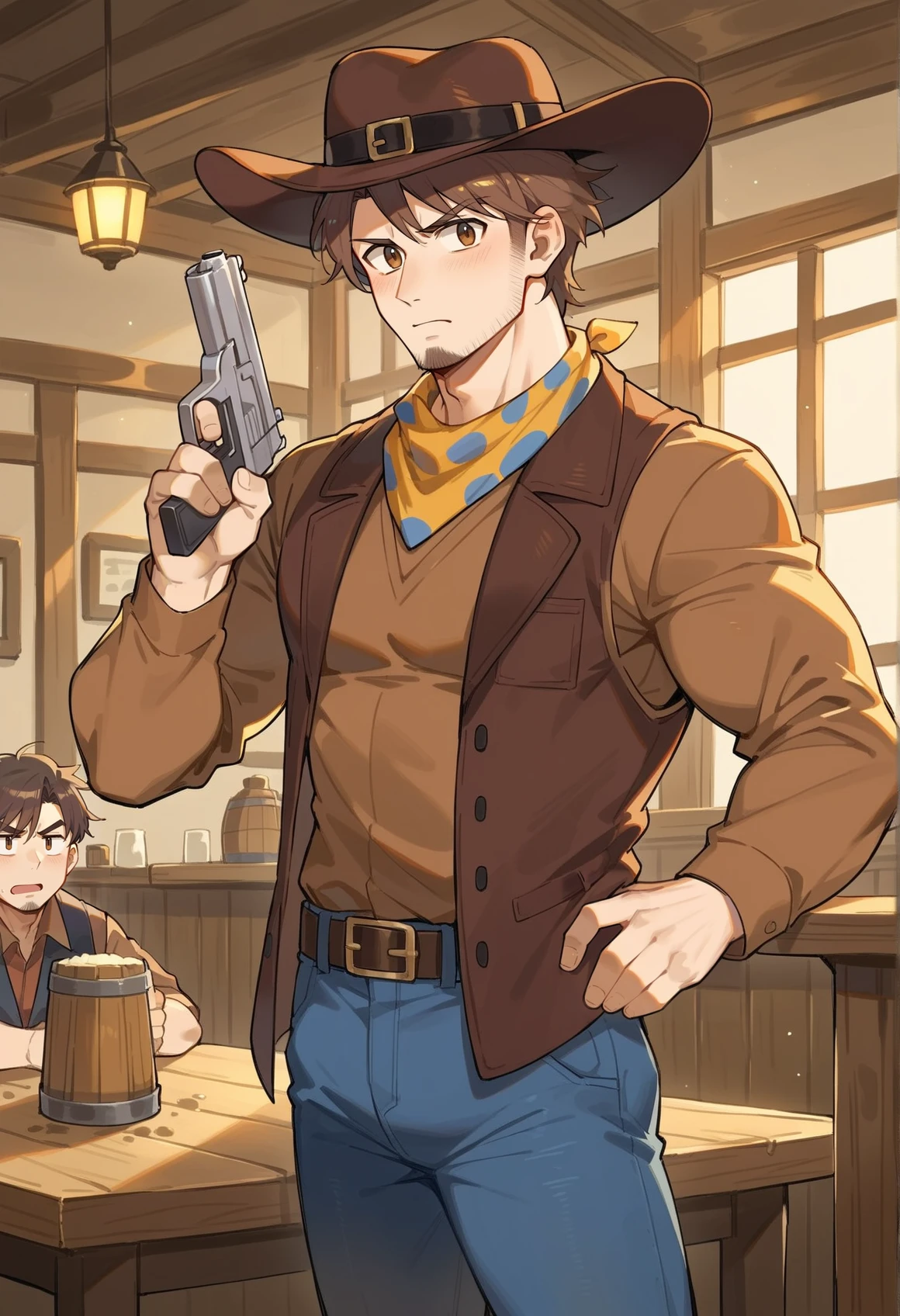 indoors, tavern, 1boy, serious, brown hair, short hair, brown eyes, cowboy hat, Bandana Around Neck, polka dot, brown shirt, long sleeves, vest, belt, jeans, bara, muscular male, beard stubble, holding gun, clint easwood, holding gun <lora:Clover_Undertale:1>, score_9, score_8_up, score_7_up, score_6_up, score_5_up, score_4_up, BREAK source_anime, masterpiece