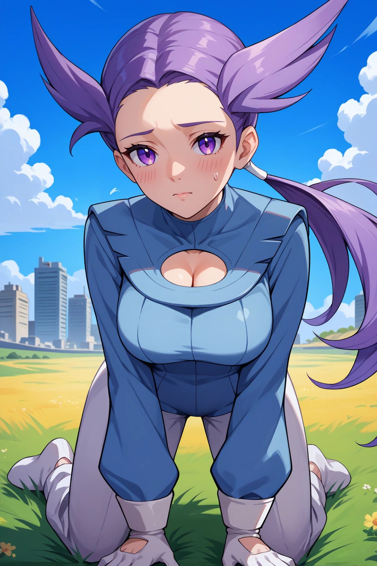 score_9, score_8_up, score_7_up, score_6_up, source_anime, 1girl, solo,  <lora:pkmnwinona-pdxl-nvwls-v1-000006:1> pmWna, purple hair, purple eyes, low ponytail, long hair, blue jumpsuit, long sleeves, clothing cutout, white pants, white gloves, large breasts, all fours, looking at you, blush, nervous, blue sky, field, city