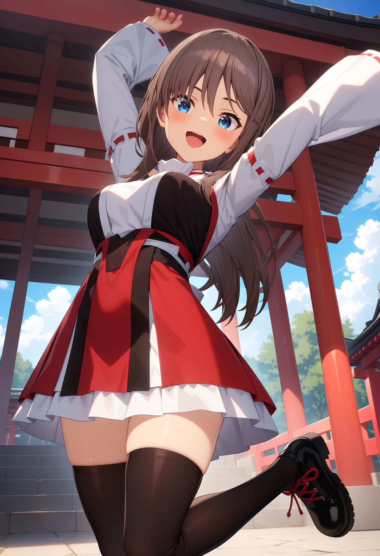 masterpiece,best quality,very aesthetic,absurdres,rim light,metallic luster,intricate details,1girl,<lora:yuuto_v1.4:1>,yuuto,combat_boots,miko,zettai ryouiki,black_thighhighs,<lora:Fixhands_anime_bdsqlsz_V1:1>,
:d,light_blush,looking_at_viewer,cinematic_angle,front view,jumping,aerial,legs_up,arm_above_head,shrine,, masterpiece,best quality, very aesthetic, absurdres, ultra detailed, high resolution, 4k, extremely detailed CG,