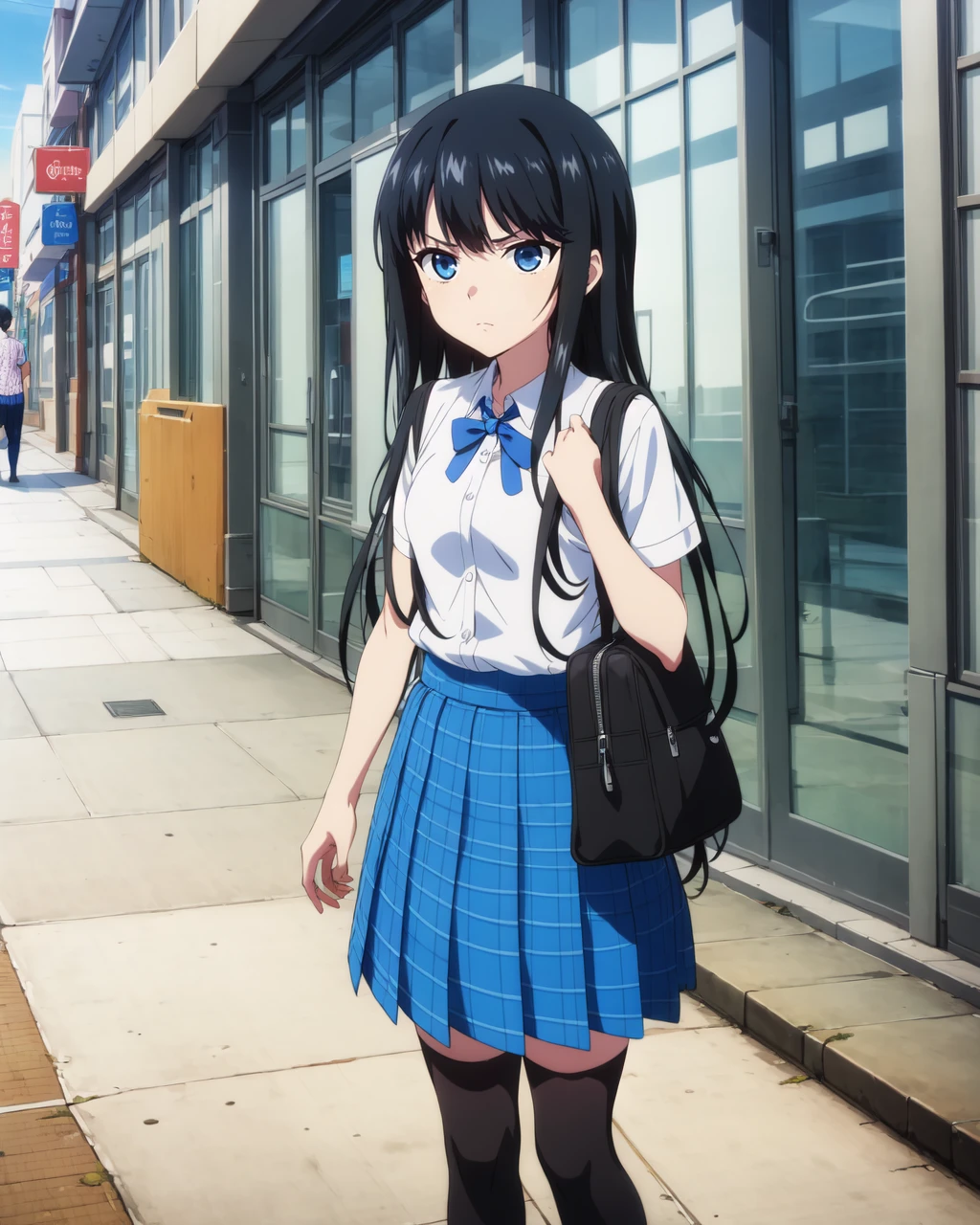 high resolution,masterpiece,
city BREAK
natsuki_minamiya,1girl,solo,long hair,blue eyes,small_breasts,black hair,very long hair,
skirt,shirt,thighhighs,school uniform,white shirt,short sleeves,pleated skirt,bag,blue skirt,plaid,blue bow,plaid skirt,school bag,
standing,serious,<lora:Natsuki_Minamiya(Strike The Blood)>,