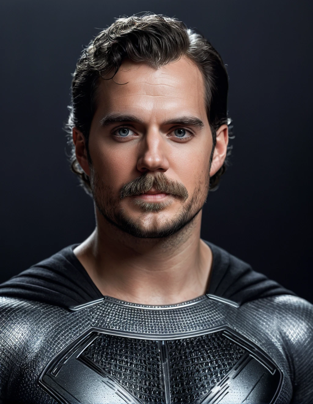 A close clean  photo of Henri Cavill as superman ((silver carbon black suit)),  short hair, beard and mustache, pose by a photograph, elegant, very aesthetic, highres, 4k, 8k, intricate detail, cinematic lighting, amazing quality, amazing shading, detailed Illustration, official artwork, wallpaper, official art,  ((detailled grey eyes)) , from below, full body, skin detailled, pores, DLSR, Canon, bioluminescent urban background <lora:HenriCavilSDXL:1>