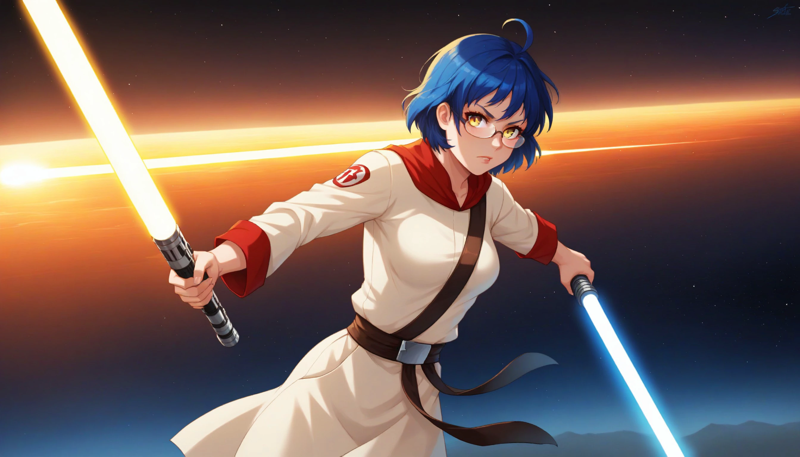 (masterpiece), best quality, expressive eyes, perfect face, score_9, score_8_up, score_7_up, source_anime, 1girl, solo, BREAK, zhenya, blue hair, short hair, ahoge, yellow eyes, glasses, medium breasts, serious, smooth body, shiny skin, BREAK, star wars, jedi, beige robe, white shirt, black belt, cloth belt, lightsaber, fighting stance, handing lightsaber standing, pose, BREAK, space, stars, space station, spaceships on the background, BREAK, colorful, vibrant colors, detailed face, stunning, highly detailed, 8k, intricate, cinematic, dehazed, atmospheric, highres, best quality, detailed eyes, cowboy shot,, <lora:0cc20795-76c3-4be0-879f-b27991b21303:0.7>