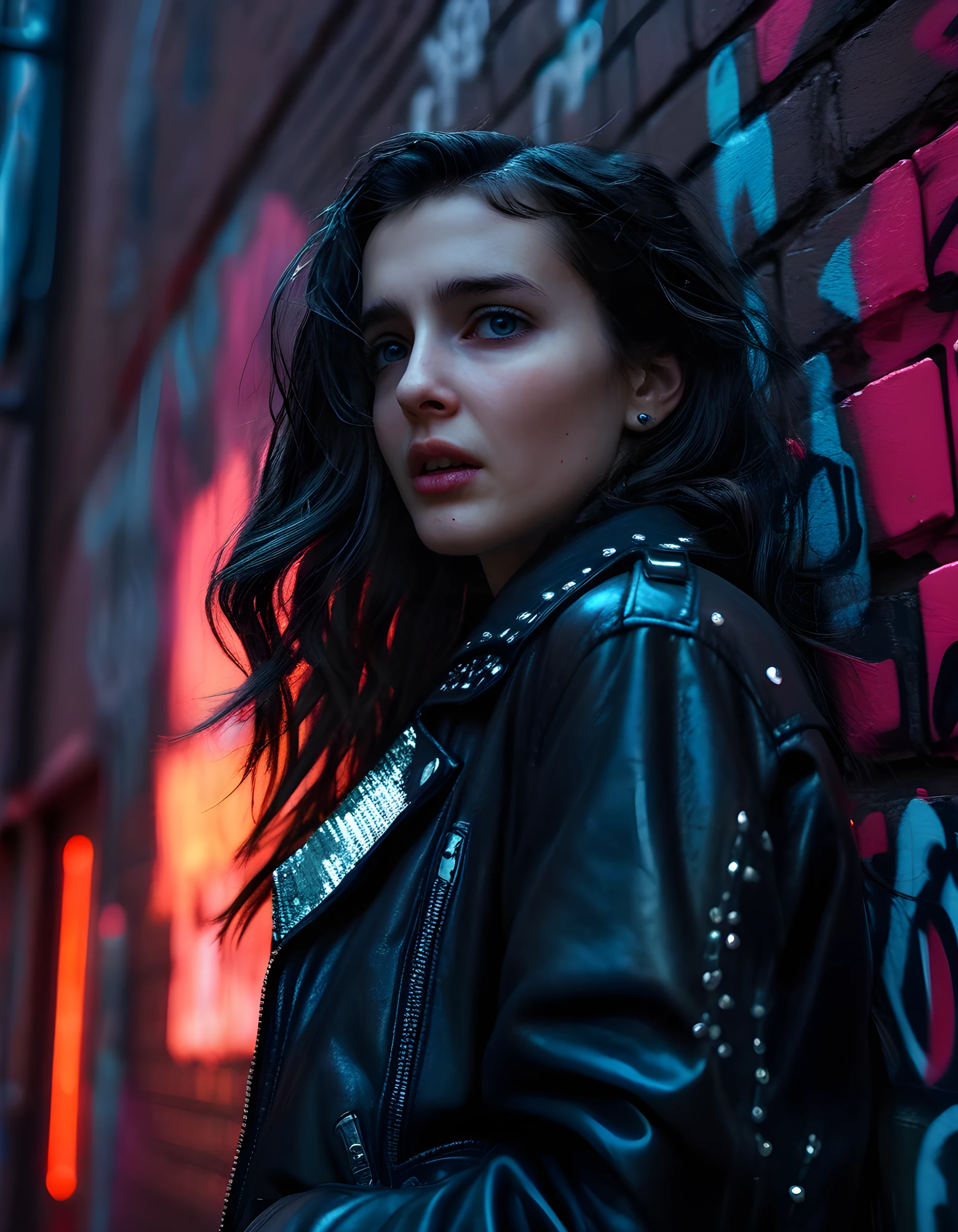 In a grungy, neo-noir cityscape bathed in the harsh glow of neon lights and rain-streaked windows, we find L150L3T, a woman with an electric aura. Her long, dark hair cascades in wild waves around her face, framing her striking visage. She stands center stage against a backdrop of graffiti-laden brick walls, her eyes piercing through the haze, a mole just below her left lip adding to her enigmatic allure. Her outfit is a unique blend of futuristic cyberpunk and vintage glamour - a leather jacket adorned with intricate silver studs and sequins, paired with high-waisted pants and knee-high boots, all in an electric blue hue that perfectly complements her neon surroundings. Her parted lips are painted a bold red, adding a hint of danger to her sultry gaze as she directly addresses the viewer with a smoldering intensity, seemingly daring them to look away from this captivating tableau. The image is captured from an angle that emphasizes the dramatic tilt of her head and the lean of her body, creating a powerful sense of vulnerability and strength simultaneously. The overall tone is one of raw emotion, as if L150L3T's very soul has been laid bare for all to see in this intimate, unforgettable portrait.