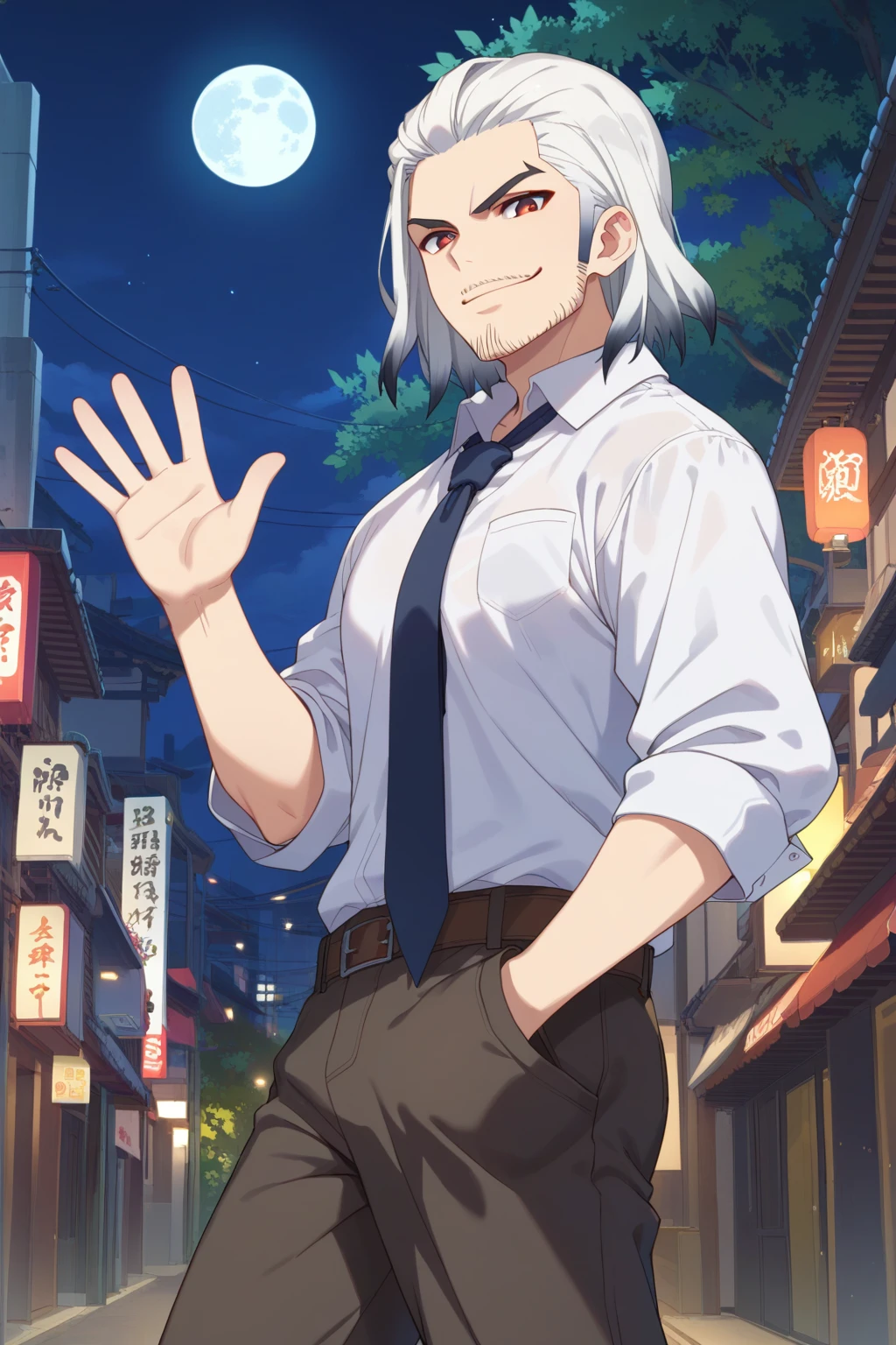 score_9, score_8_up:1.1), score_7_up, source_anime, Byakuya Ishigami, 1boy, solo, white hair, gray hair, two-toned hair, beard, tall, medium hair, red eyes, white shirt, necktie, belt, dark pants, night, moon, japanese street, hand on pocket, waving, smirk, looking at viewer