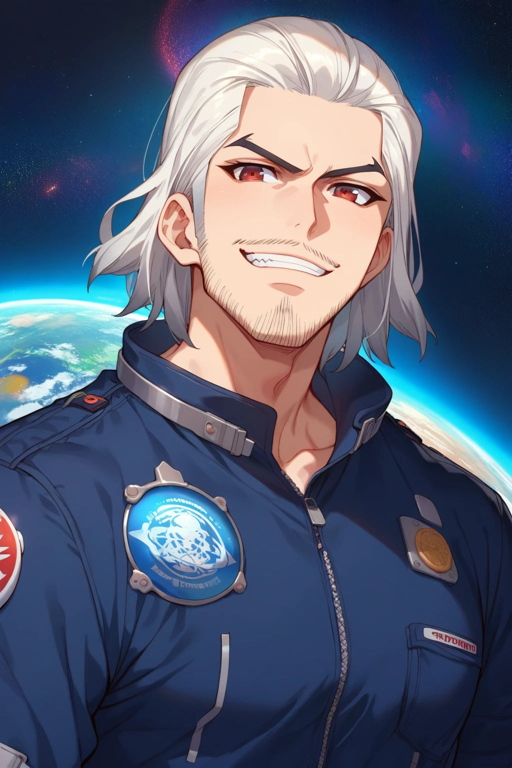 score_9, score_8_up:1.1), score_7_up, source_anime, source_explicit, Byakuya Ishigami, 1boy, solo, white hair, gray hair, medium hair, red eyes, beard, jumpsuit, smirk, teeth, closed up portrait, toned body, space