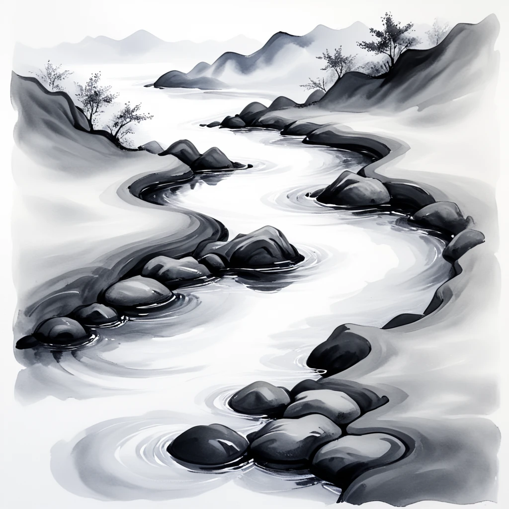 <lora:Zen_Ink_Wash_Sumi-eSDXL:1> ArsMJStyle, Zen Ink Wash Sumi-e, A flowing river with smooth rocks and gentle ripples, monochrome, greyscale, white background, tranquil, no humans, traditional media, ink, solo, abstract.