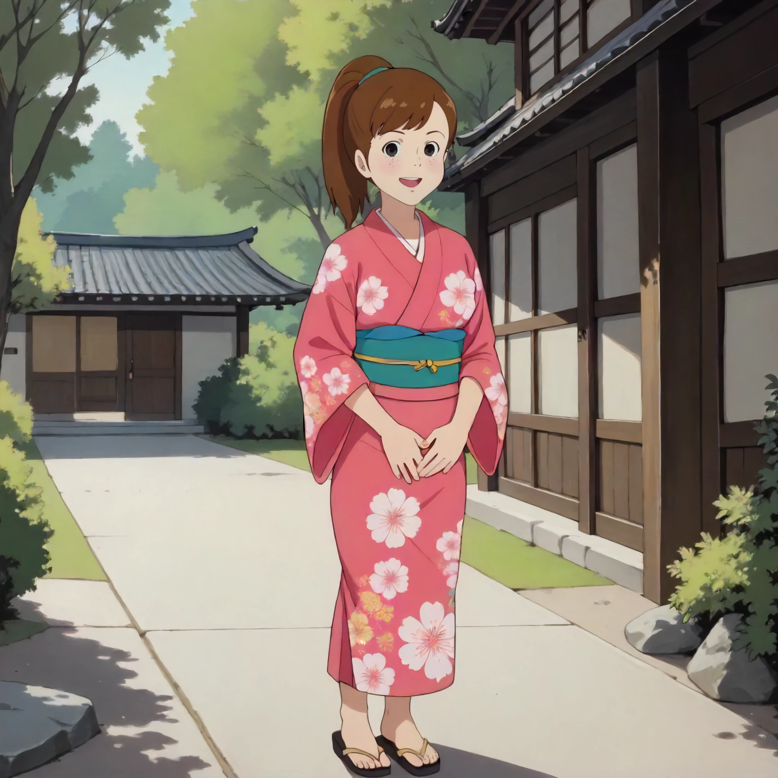 <lora:TCoC_WaitressXLpony002>,
outdoors,nature,
looking at viewer,smile,open mouth,
solo,
1girl,brown hair,ponytail,black eyes,
standing,
print_kimono,