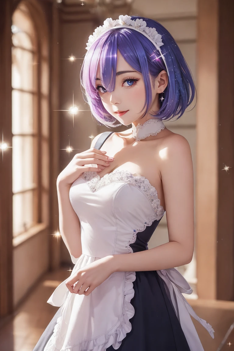 a beautiful rem\(rezero\), maid dress, strapless maid dress, vivid color, looking at viewer, bokeh, (sparkling:1.75), excellent quality, masterpiece, amazing intricate finely detailed, volumetric lighting, ultra-HD, UHD, 8K, 16K