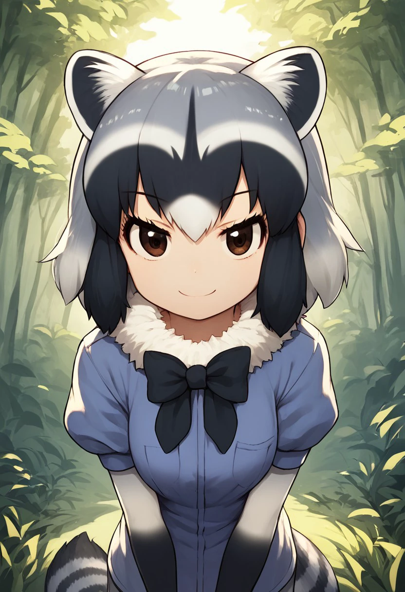 1girl, solo, best quality, ultra-detailed, extremely detailed, perfect anatomy, masterpiece, score_9, score_8_up, score_7_up, Common Raccoon (Kemono Friends), raccoon ears, brown eyes, bangs, multicolored hair, tail, raccoon tail, grey hair, black hair, white hair, short hair, black bowtie, puffy short sleeves, blue shirt, black gloves, elbow gloves, fur collar, outdoors, in a forest, standing, smiling, staring at viewer, closeup, three-quarters shot, (face focus), (top half), dutch angle,