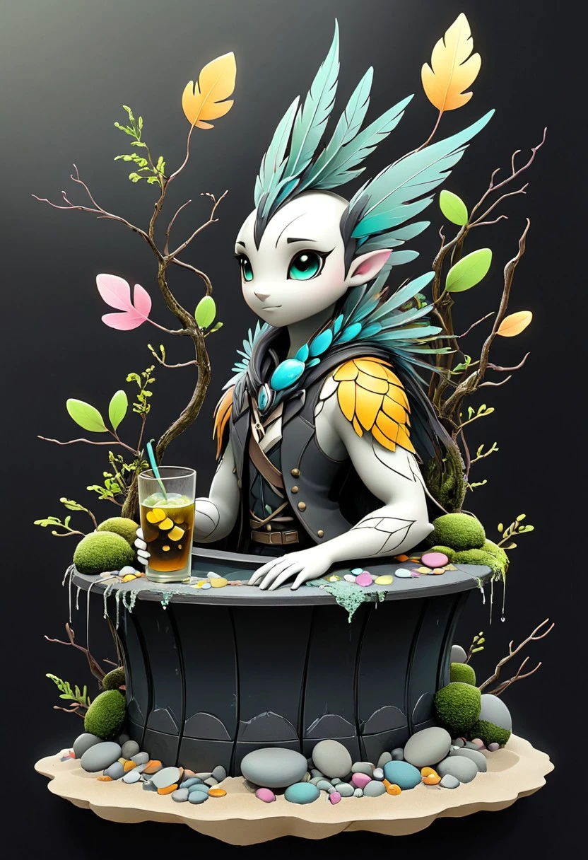 artmdfstff2, tavern, bartender, character concept, black linework, white background, neon's and pastels, fantasy setting, world building, dark fantasy, organic, made of stuff, construct, pokemon, moss, Leaves, petals, pebbles, water, sand, feathers, twigs