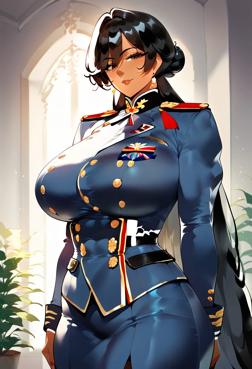 1girl, solo, indoors, military uniform, naval uniform, Royal Navy, dark-skinned female, very_dark_skin, muscular female, long hair, black hair, bangs, hairbun, sidelocks, brown_eyes, (mature female:1.2), tall female, curvy, large breasts, beautiful face, highly detailed faces and eyes, masterpiece, amazing quality, best quality, very aesthetic, absurdres, score_9, score_8_up, score_7_up, score_6_up,