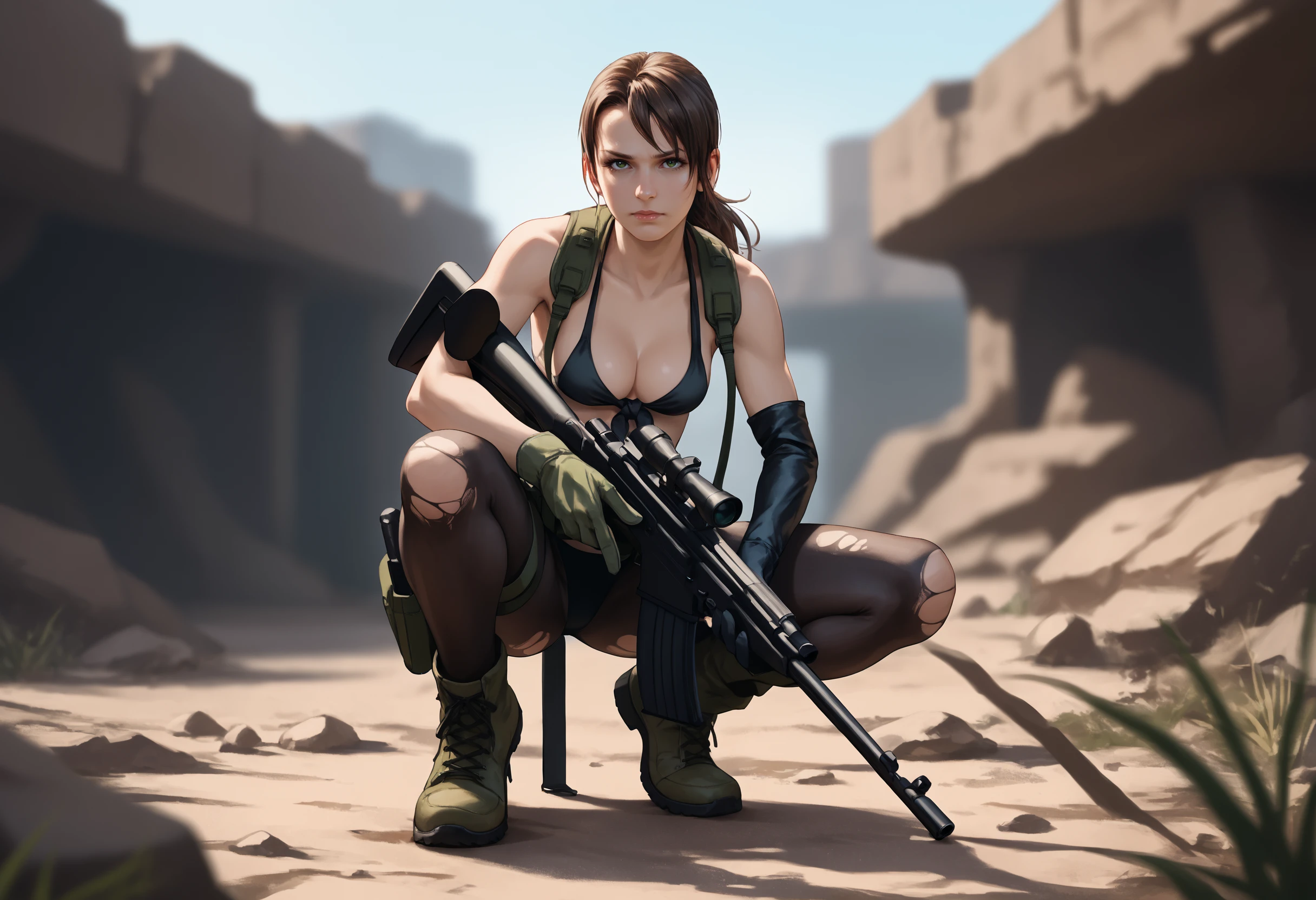 score_9, score_8_up,score_7_up, source_anime, 1girl, solo, <lora:MGSVsnpqt_pdxl_EliPot:1>, mgsnp,  long hair, brown hair, green eyes, toned, mature female,
sniper rifle, torn pantyhose, front-tie top, holding gun, torn clothes, front-tie bikini top,medium breasts, weapon, asymmetrical gloves, combat boots, cleavage, on one knee, scope, thigh holster, mismatched gloves,, anti-materiel rifle, lips, looking at viewer, single elbow glove, full body, outdoors, blurry, midriff, squatting, nose, bare shoulders, belt pouch, collarbone, highleg bikini, navel, torn pants, uneven gloves, holster, black bikini, lowleg pants, thigh strap, black pantyhose, black gloves, harness