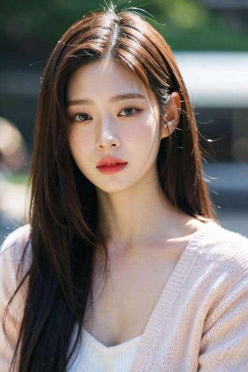 masterpiece, best quality, ultra-detailed, ultra high res, (photorealistic:1.4), raw photo, (realistic:0.2), 8k HDR, realistic lighting, looking at viewer, 1girl, solo, asymmetrical hair, outdoor, (traditional market:1.2), (day), bokeh, (detailed lips), (detailed pores), (detailed skin textures), (detailed face:1.2), (body:1.2), a woman in a cardigan, cowboy shot,