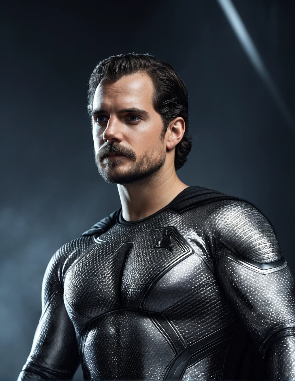 A close clean  photo of Henri Cavill as superman ((silver carbon black suit)),  short hair, beard and mustache, pose by a photograph, elegant, very aesthetic, highres, 4k, 8k, intricate detail, cinematic lighting, amazing quality, amazing shading, detailed Illustration, official artwork, wallpaper, official art,  ((detailled grey eyes)) , from below, full body, skin detailled, pores, DLSR, Canon, bioluminescent urban background <lora:HenriCavilSDXL:1>