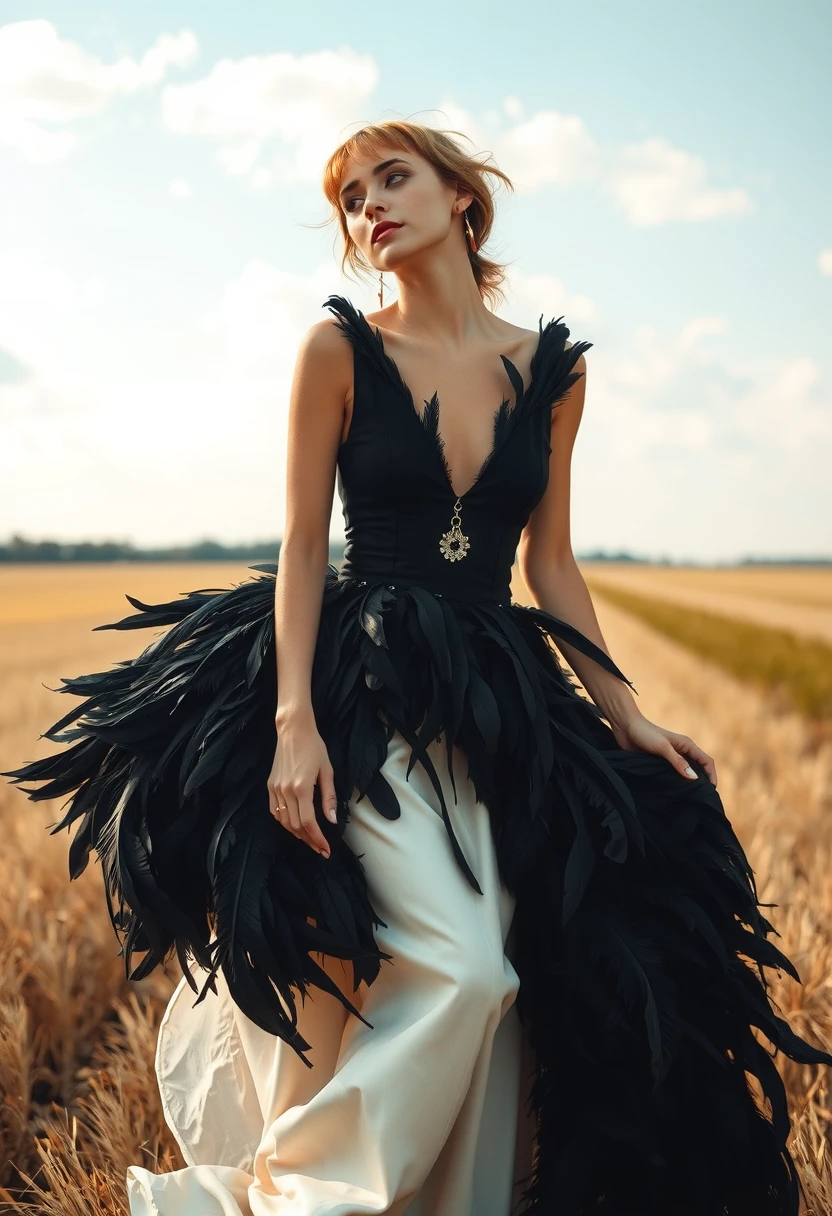 breathtaking, hyperrealistic masterpiece, depicting a beautiful woman in an open field, wearing a dress made of black feathers