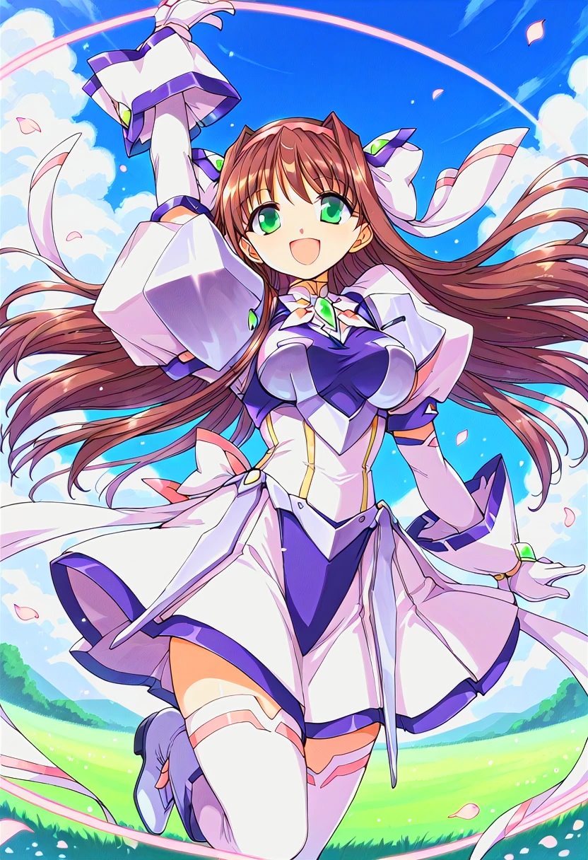[bolero mix is merged by Bolero537:100], score_9, score_8_up, score_7_up, rating_questionable, source_anime, uncensored, best quality, masterpiece BREAK <lora:twinkle_saber_v2-000010:0.8>, twinkle saber, brown hair, long hair, green eyes, medium breasts, magical girl, covered breasts, hairband, hair ornament, hair bow, gem, latex clothes, dress, armor, puffy sleeves, gloves, boots, white thighhighs, zettai ryouiki, ribbon BREAK outdoors, wind, floating petal, glowing petal, field, sky, standing on one leg, arm up, holding hoop, smile, open mouth, cowboy shot, happy