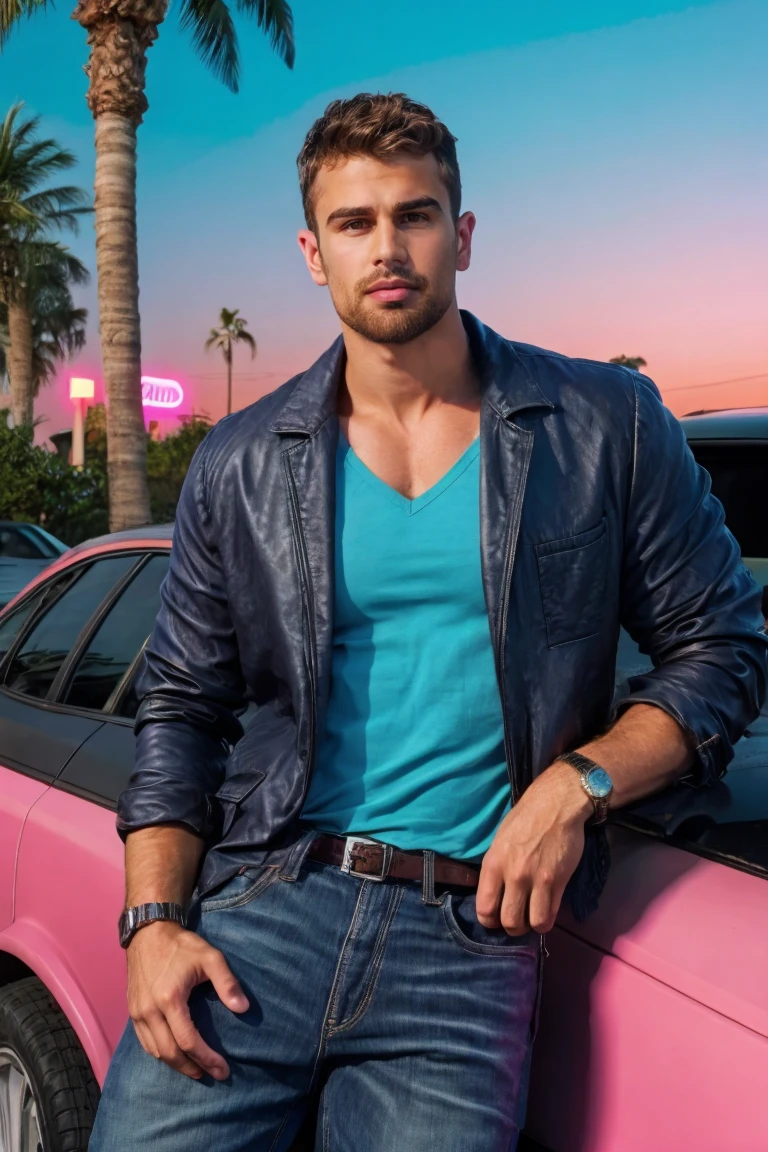 photo of a man,th30, full body shot, facial hair, wearing jacket leaning on a car, leather pants, real 1990s black car, miami vice city background, (vaporwave style), (pink lights, blue hue), fog, sunset, night, palm trees, infinite highway, vaporware sun, muscular, realistic, highly detailed, realistic eyes, intricate details, detailed background, depth of field <lora:theoo:.9>